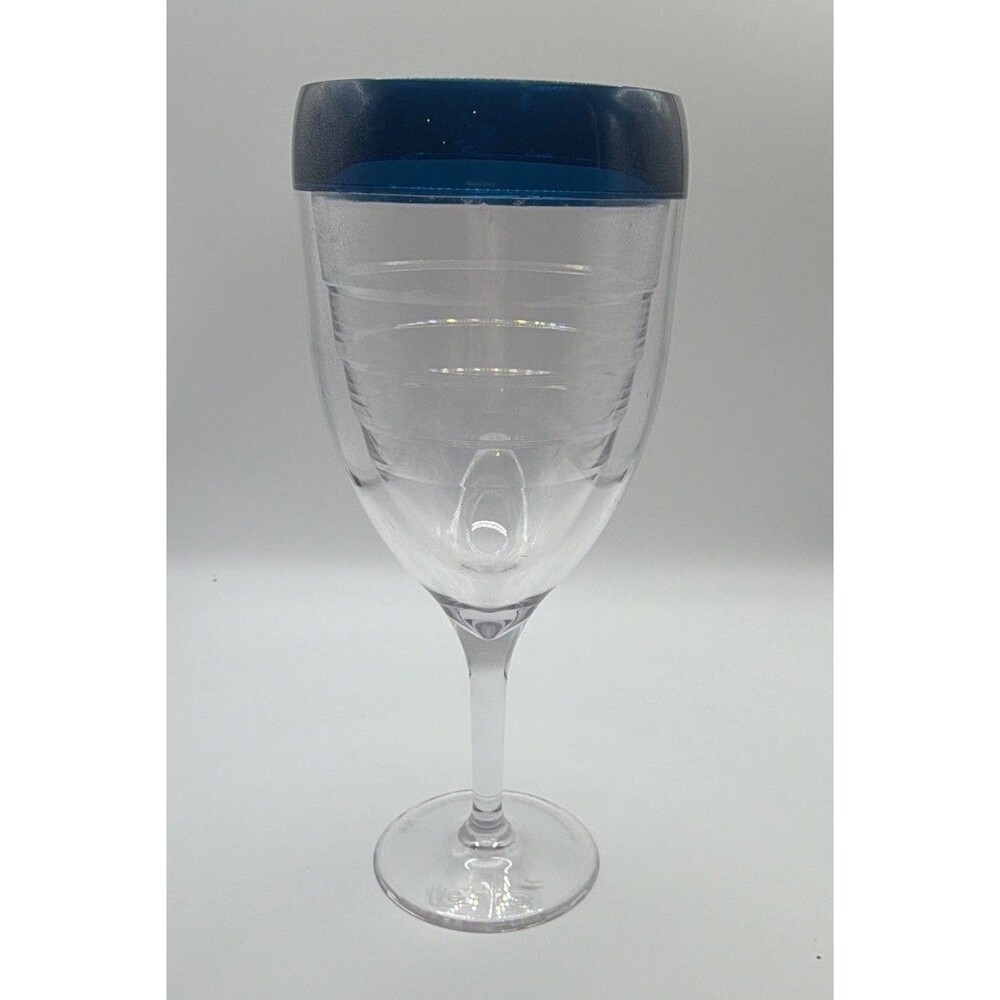 Tervis Clear Plastic Wine Glass 9 oz with Blue Rim, Round Stemmed